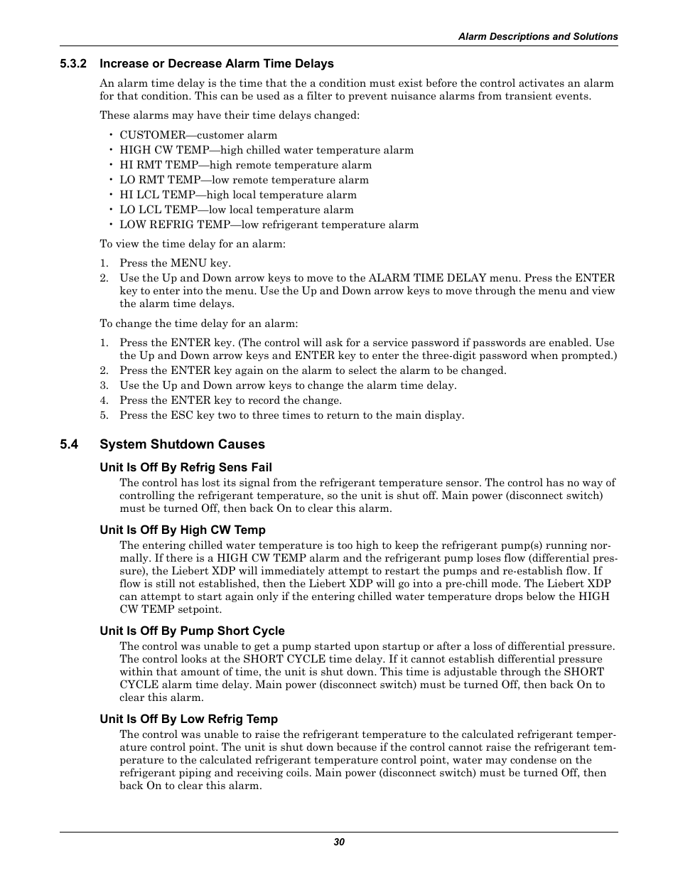2 increase or decrease alarm time delays, 4 system shutdown causes, Unit is off by refrig sens fail | Unit is off by high cw temp, Unit is off by pump short cycle, Unit is off by low refrig temp, Increase or decrease alarm time delays, System shutdown causes | Liebert Refrigerant Distribution Unit XDP User Manual | Page 36 / 40