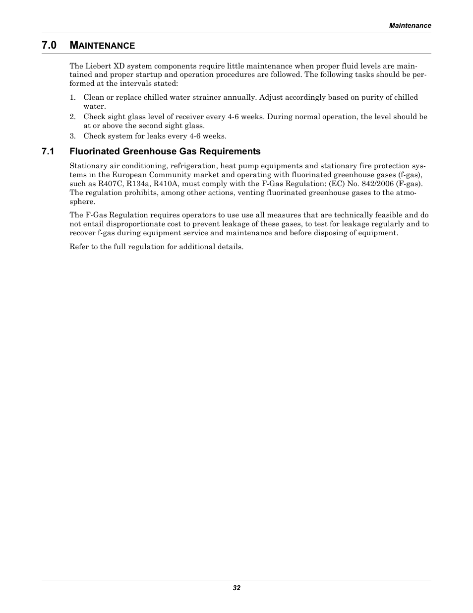 0 maintenance, 1 fluorinated greenhouse gas requirements, Aintenance | Fluorinated greenhouse gas requirements | Liebert Refrigerant Distribution Unit XDP User Manual | Page 38 / 40