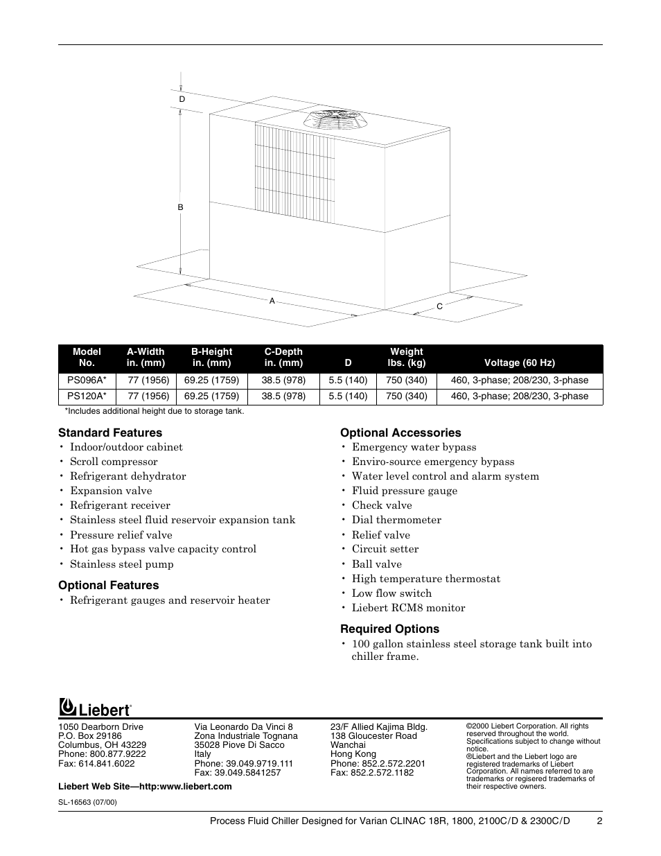 Standard features, Optional features, Optional accessories | Required options | Liebert CLINAC 18R User Manual | Page 2 / 2