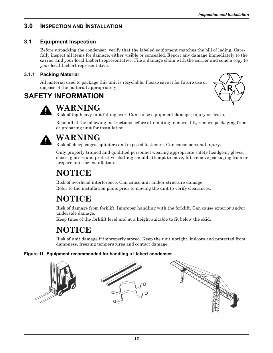 0 inspection and installation, 1 equipment inspection, 1 packing material | Safety information, Nspection, Nstallation, Equipment inspection, Packing material, Notice, Warning | Liebert Air Cooled User Manual | Page 17 / 44