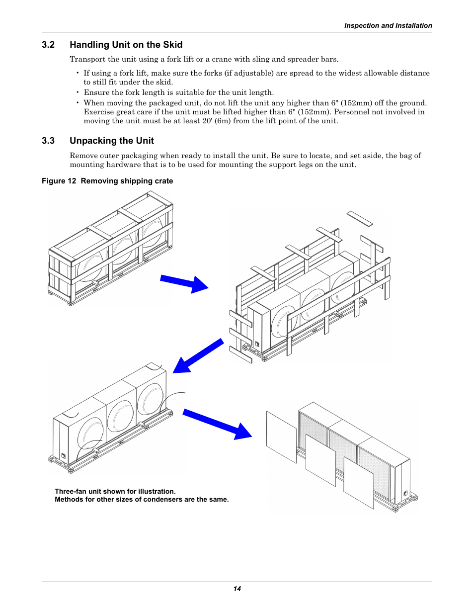 2 handling unit on the skid, 3 unpacking the unit, Figure 12 removing shipping crate | Handling unit on the skid, Unpacking the unit | Liebert Air Cooled User Manual | Page 18 / 44