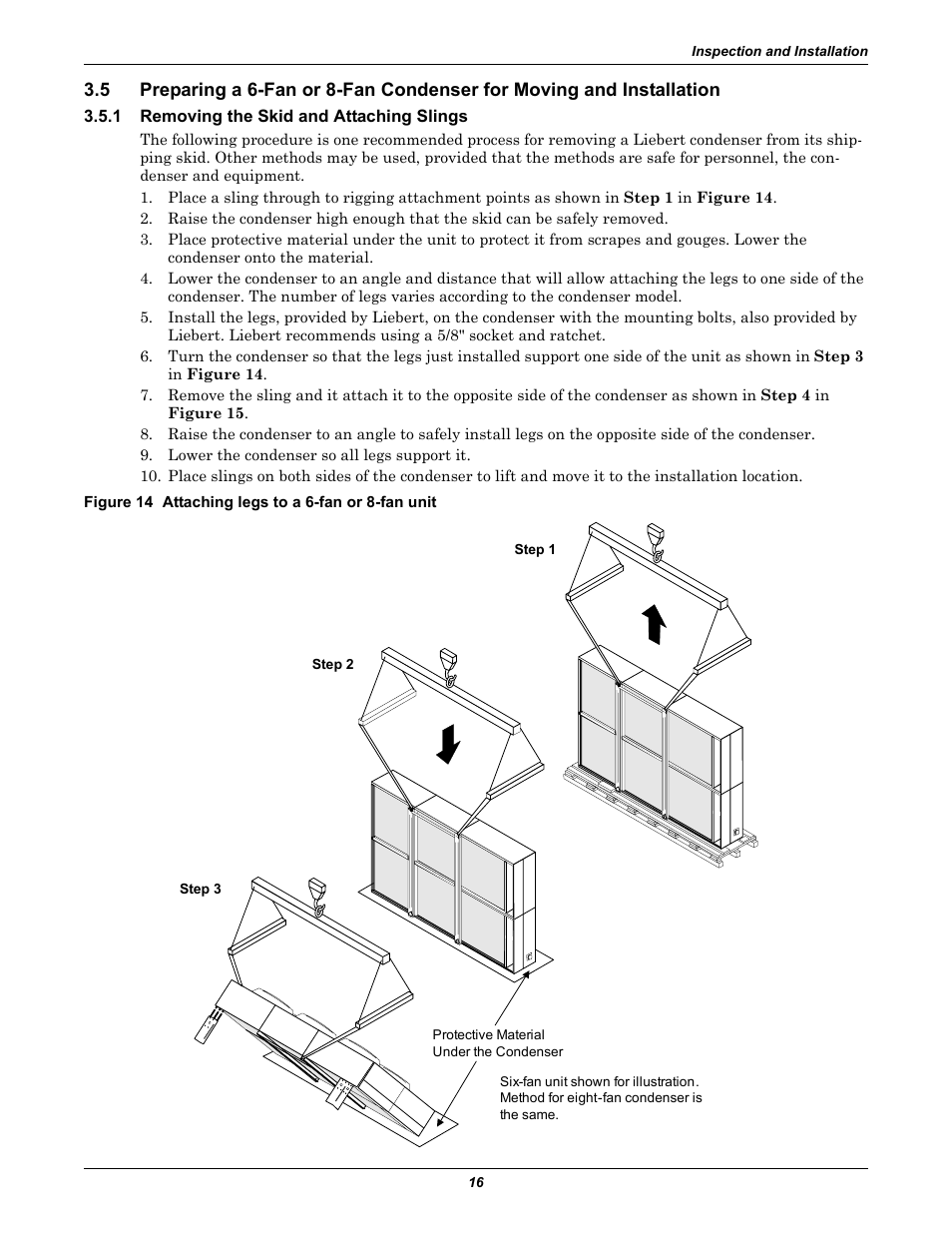 1 removing the skid and attaching slings, Figure 14 attaching legs to a 6-fan or 8-fan unit, Removing the skid and attaching slings | Liebert Air Cooled User Manual | Page 20 / 44