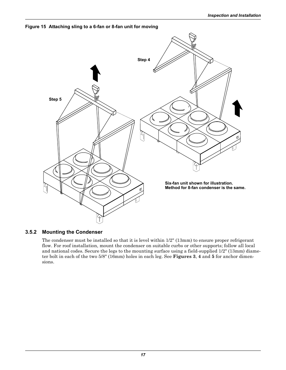 2 mounting the condenser, Mounting the condenser, Step 4 in | Figure 15 | Liebert Air Cooled User Manual | Page 21 / 44