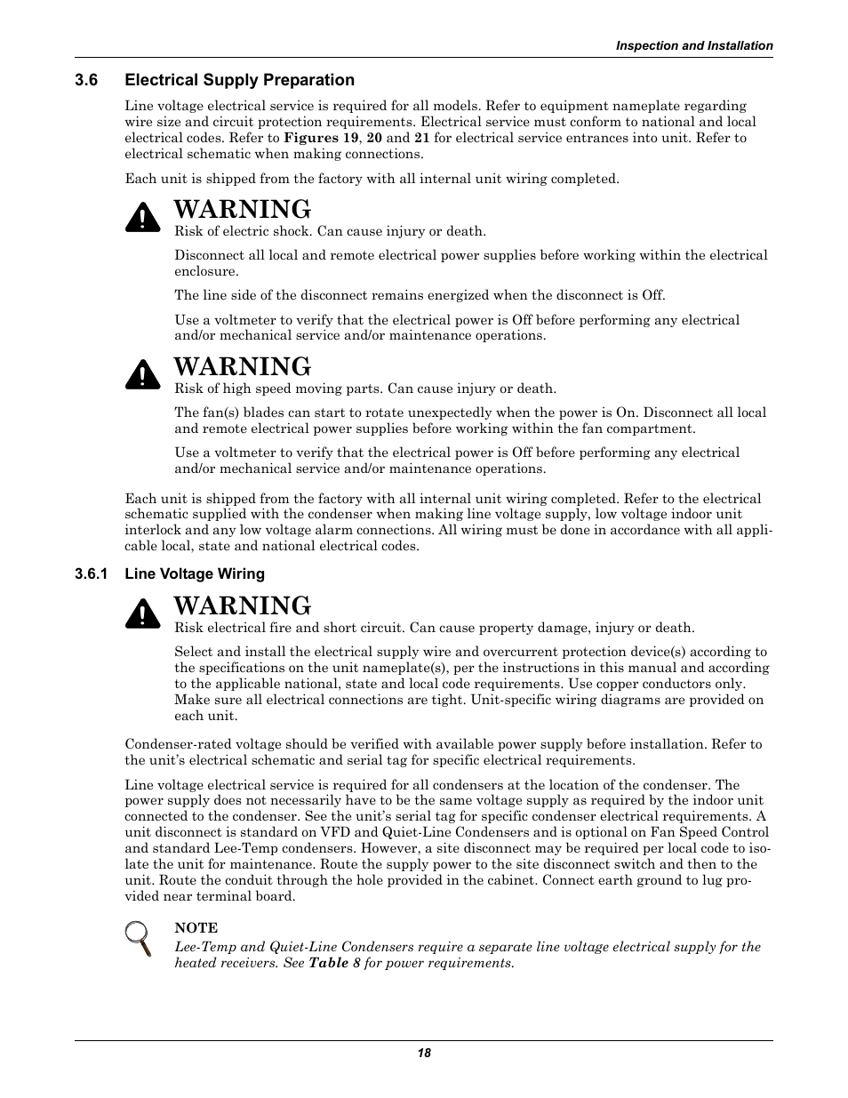 6 electrical supply preparation, 1 line voltage wiring, Electrical supply preparation | Line voltage wiring, Warning | Liebert Air Cooled User Manual | Page 22 / 44