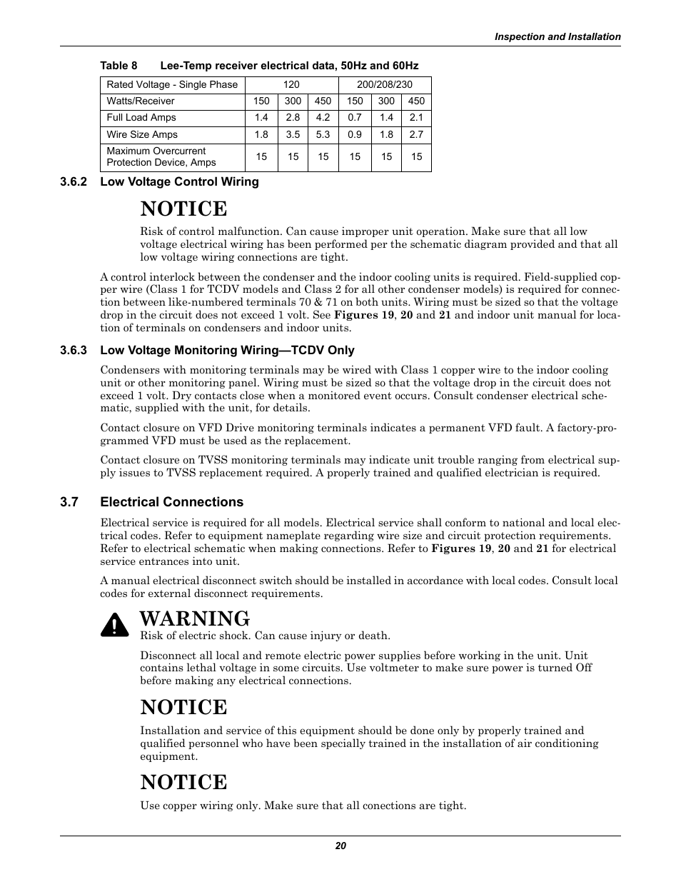 2 low voltage control wiring, 3 low voltage monitoring wiring-tcdv only, 7 electrical connections | Low voltage control wiring, Low voltage monitoring wiring—tcdv only, Electrical connections, Table 8, Lee-temp receiver electrical data, 50hz and 60hz, Table 8 for power, Notice | Liebert Air Cooled User Manual | Page 24 / 44