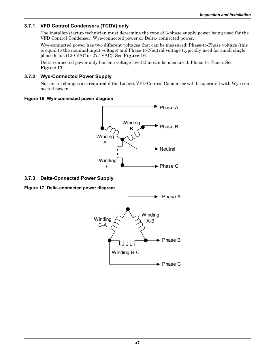 1 vfd control condensers (tcdv) only, 2 wye-connected power supply, Figure 16 wye-connected power diagram | 3 delta-connected power supply, Figure 17 delta-connected power diagram, Vfd control condensers (tcdv) only, Wye-connected power supply, Delta-connected power supply | Liebert Air Cooled User Manual | Page 25 / 44