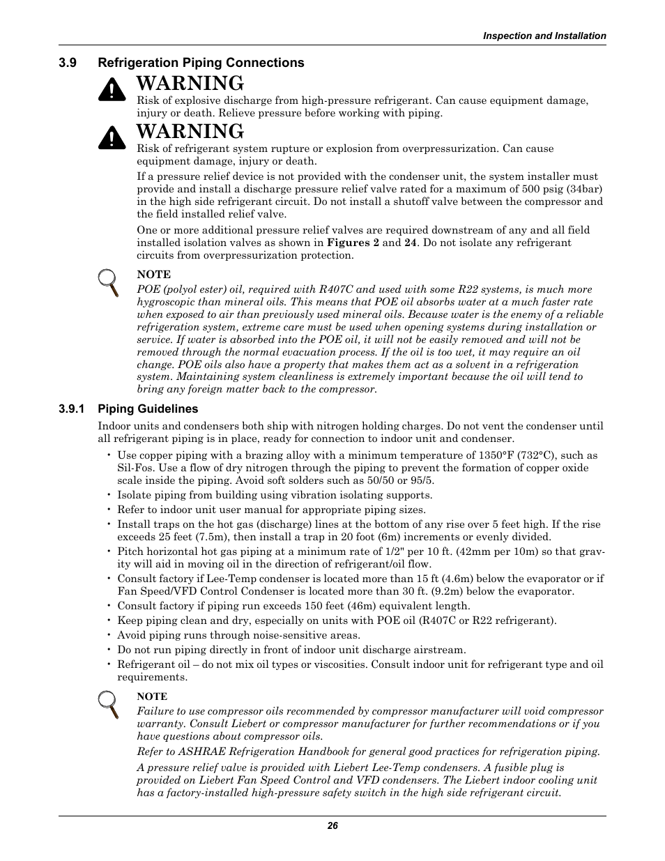 9 refrigeration piping connections, 1 piping guidelines, Refrigeration piping connections | Piping guidelines, Warning | Liebert Air Cooled User Manual | Page 30 / 44