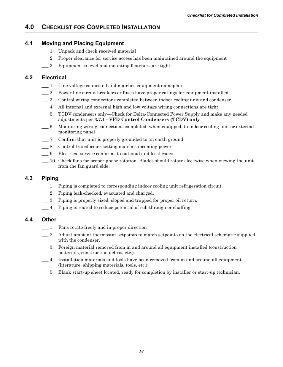 0 checklist for completed installation, 1 moving and placing equipment, 2 electrical | 3 piping, 4 other, Hecklist, Ompleted, Nstallation, Moving and placing equipment, Electrical | Liebert Air Cooled User Manual | Page 35 / 44