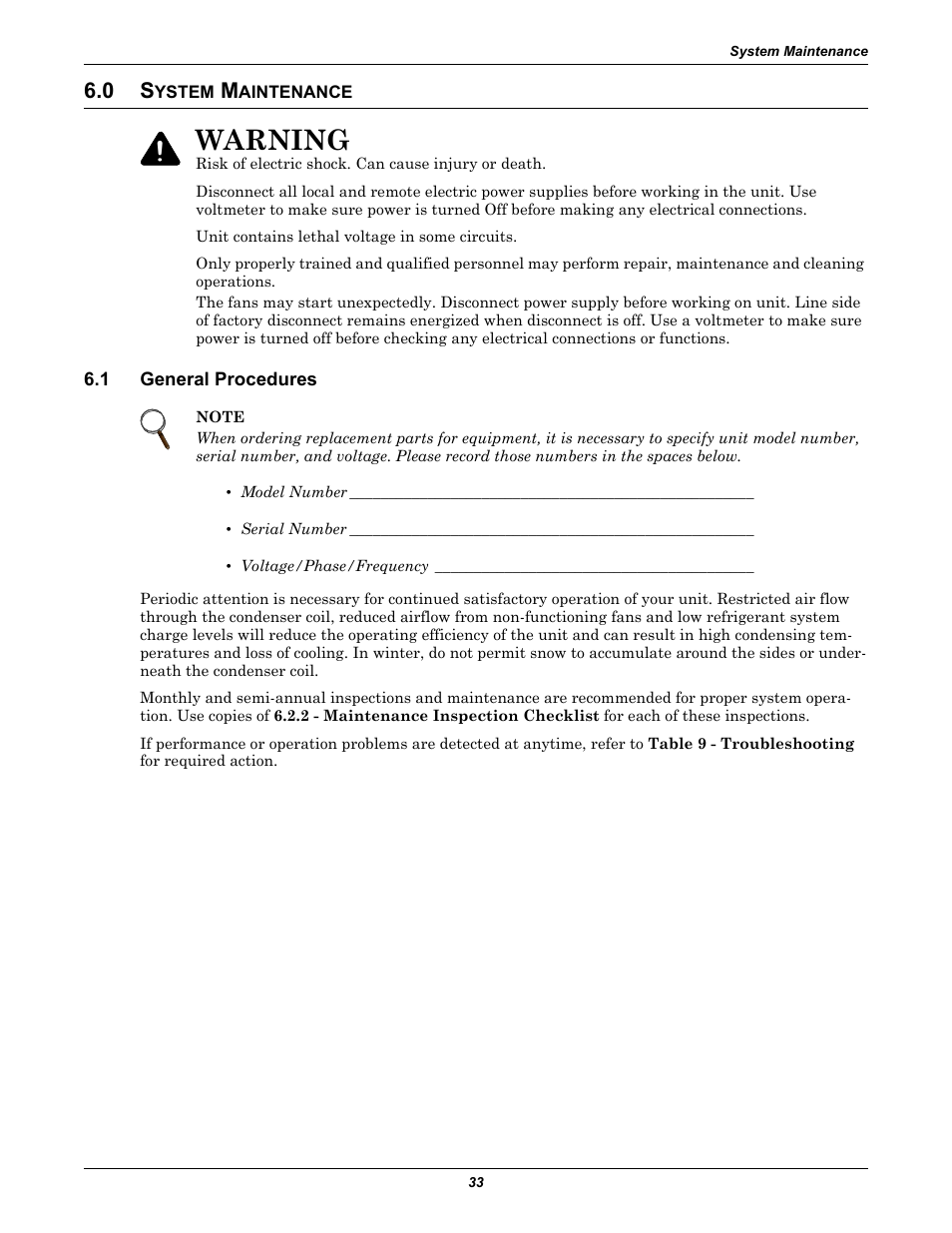 0 system maintenance, 1 general procedures, Ystem | Aintenance, General procedures, Warning | Liebert Air Cooled User Manual | Page 37 / 44