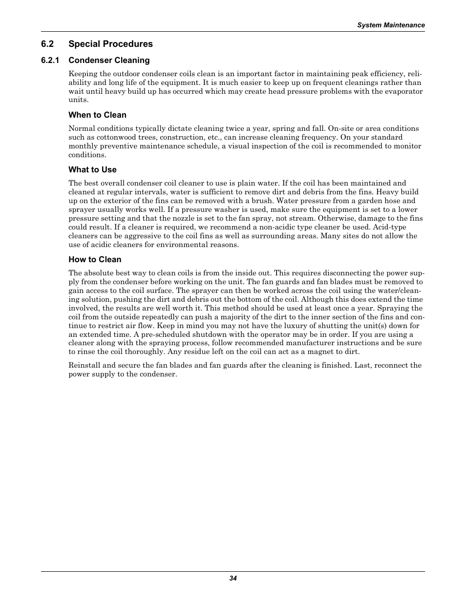 2 special procedures, 1 condenser cleaning, When to clean | What to use, How to clean, Special procedures, Condenser cleaning | Liebert Air Cooled User Manual | Page 38 / 44