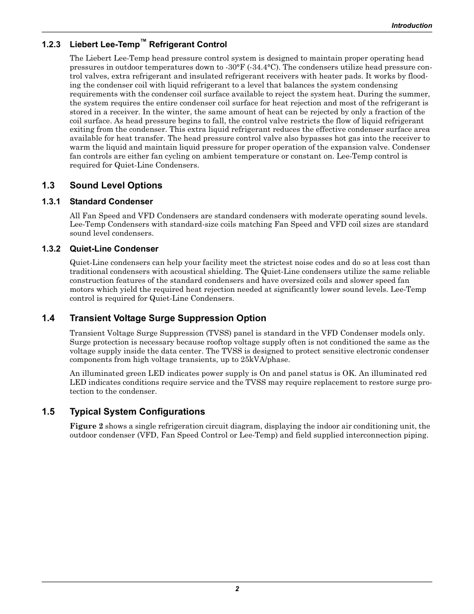 3 liebert lee-temp™ refrigerant control, 3 sound level options, 1 standard condenser | 2 quiet-line condenser, 4 transient voltage surge suppression option, 5 typical system configurations, Liebert lee-temp, Sound level options, Standard condenser, Quiet-line condenser | Liebert Air Cooled User Manual | Page 6 / 44