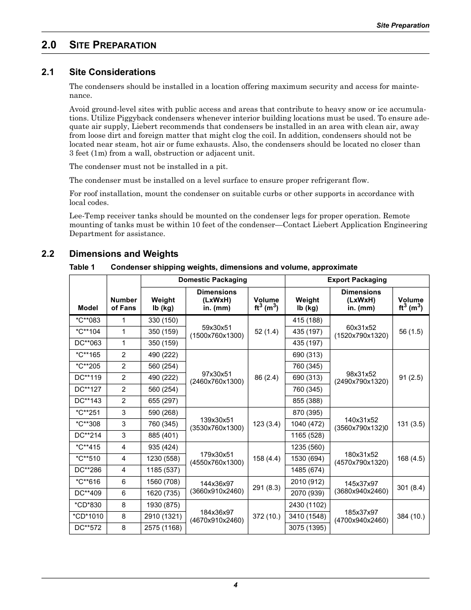 0 site preparation, 1 site considerations, 2 dimensions and weights | Reparation, Site considerations, Dimensions and weights | Liebert Air Cooled User Manual | Page 8 / 44