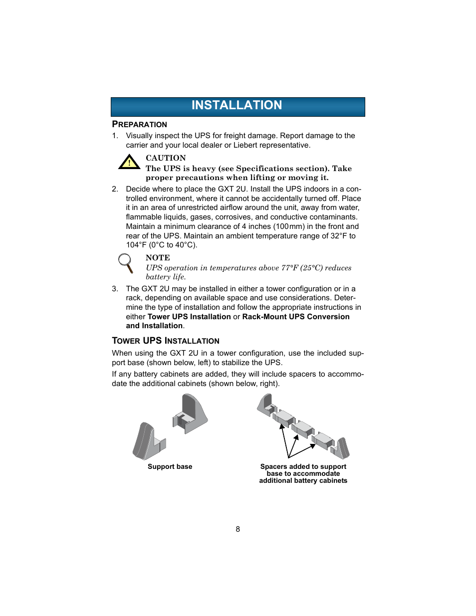 Installation, Preparation, Tower ups installation | Nstallation, Preparation tower ups installation | Liebert UPSTATION GXT 2U User Manual | Page 12 / 38