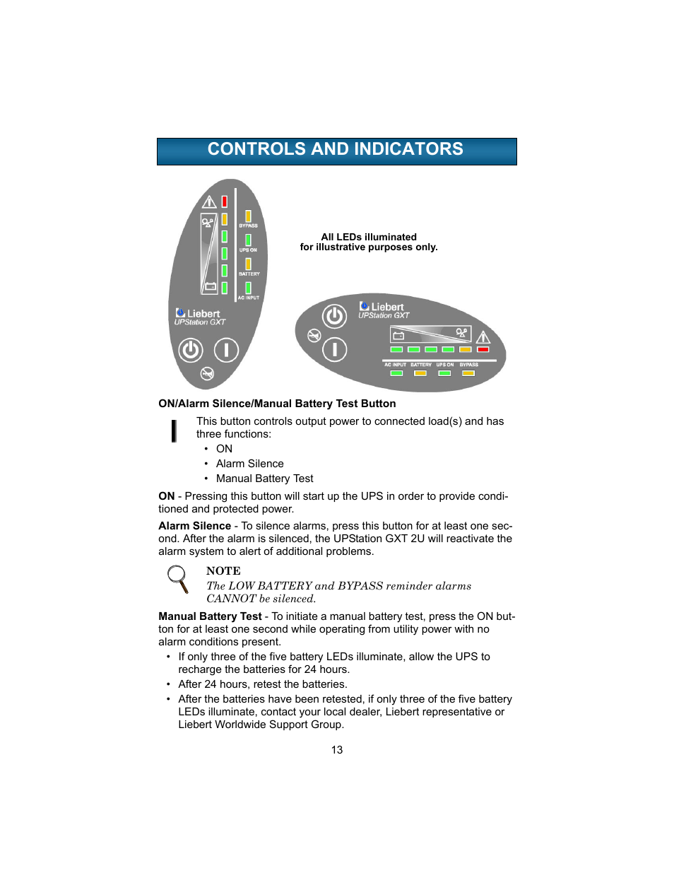 Controls and indicators, On/alarm silence/manual battery test button, Ontrols | Ndicators | Liebert UPSTATION GXT 2U User Manual | Page 17 / 38