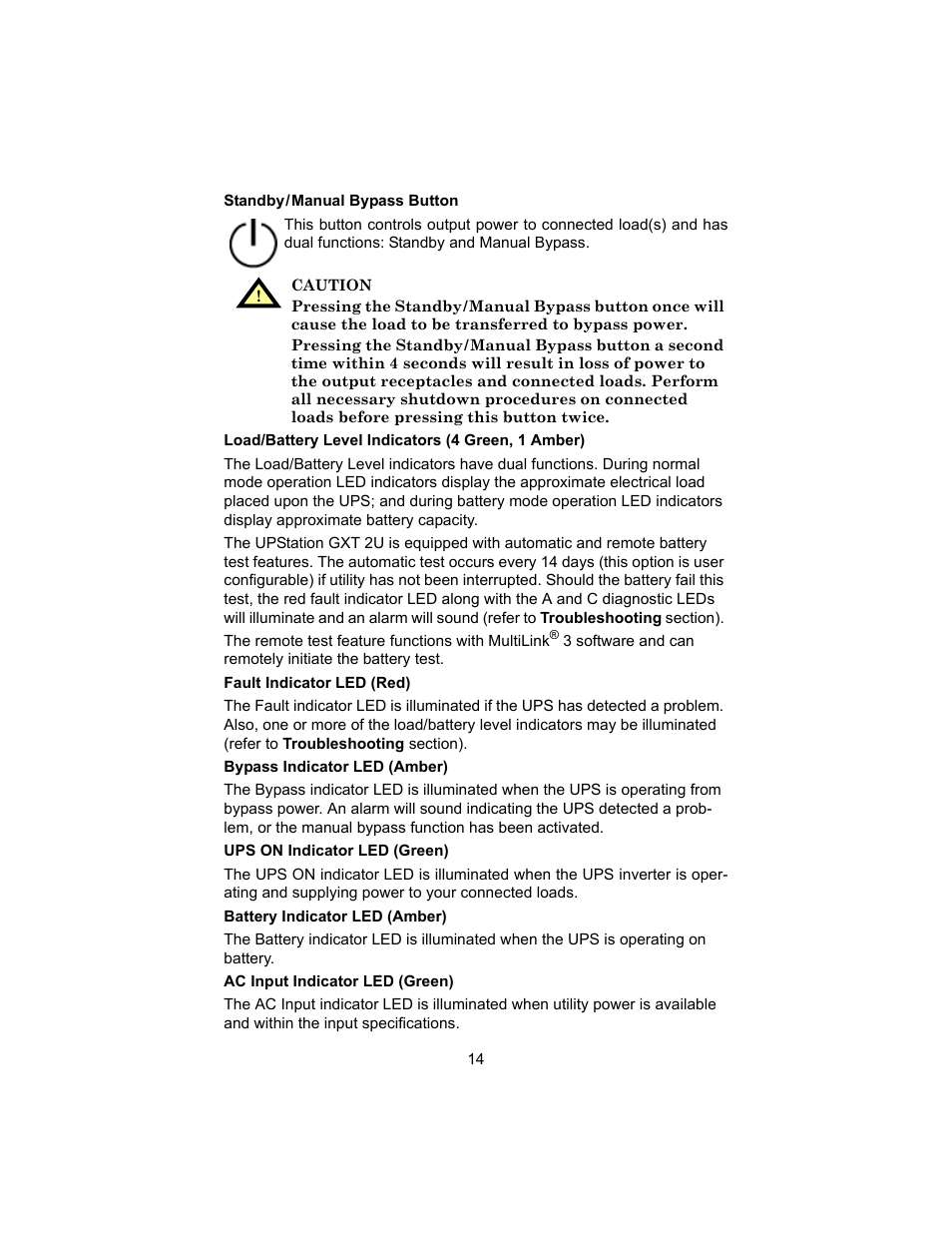 Standby/manual bypass button, Load/battery level indicators (4 green, 1 amber), Fault indicator led (red) | Bypass indicator led (amber), Ups on indicator led (green), Battery indicator led (amber), Ac input indicator led (green) | Liebert UPSTATION GXT 2U User Manual | Page 18 / 38