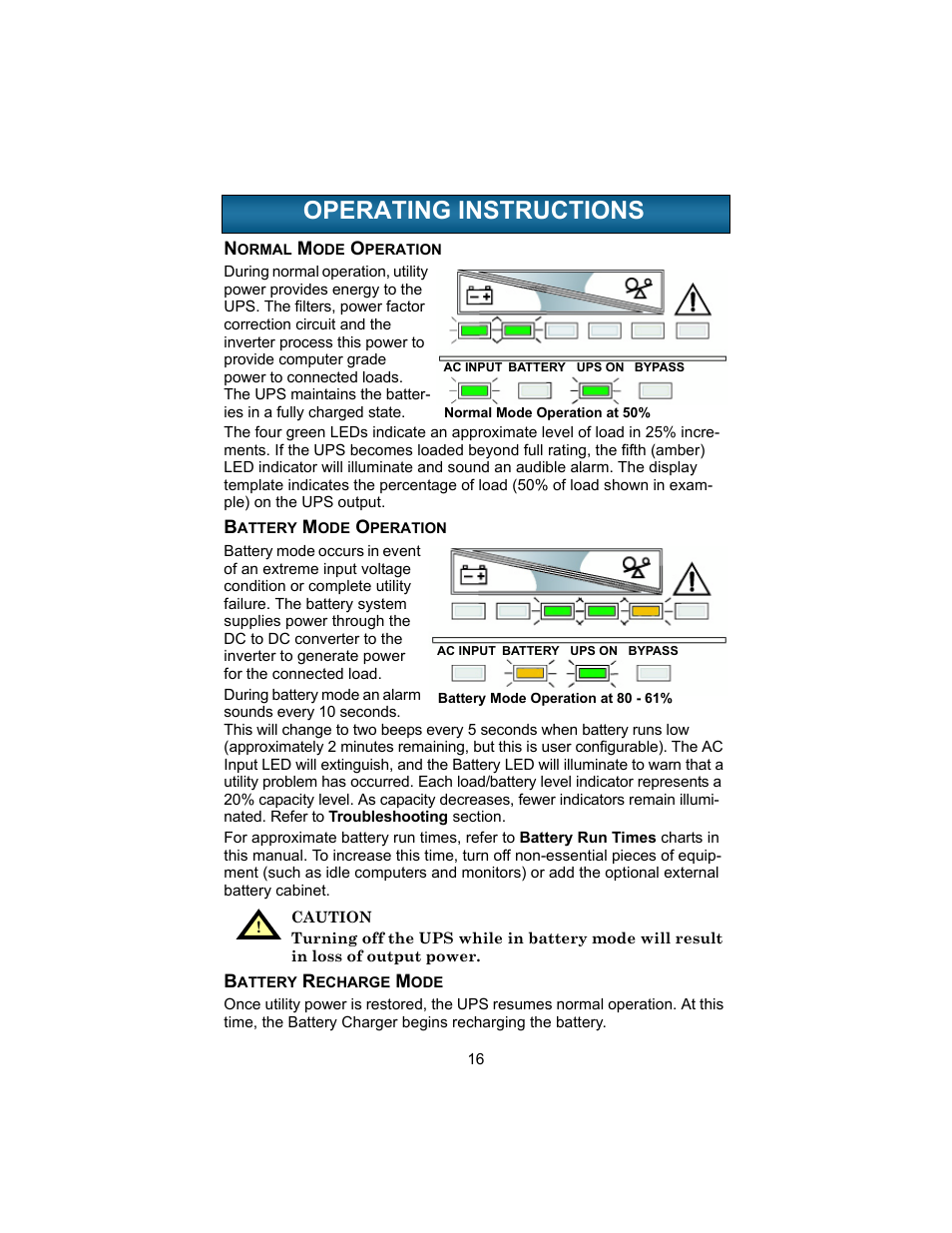 Operating instructions, Normal mode operation, Battery mode operation | Battery recharge mode, Perating, Nstructions | Liebert UPSTATION GXT 2U User Manual | Page 20 / 38