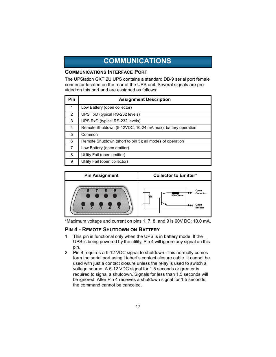Communications, Communications interface port, Pin 4 - remote shutdown on battery | Ommunications, 4 - r | Liebert UPSTATION GXT 2U User Manual | Page 21 / 38