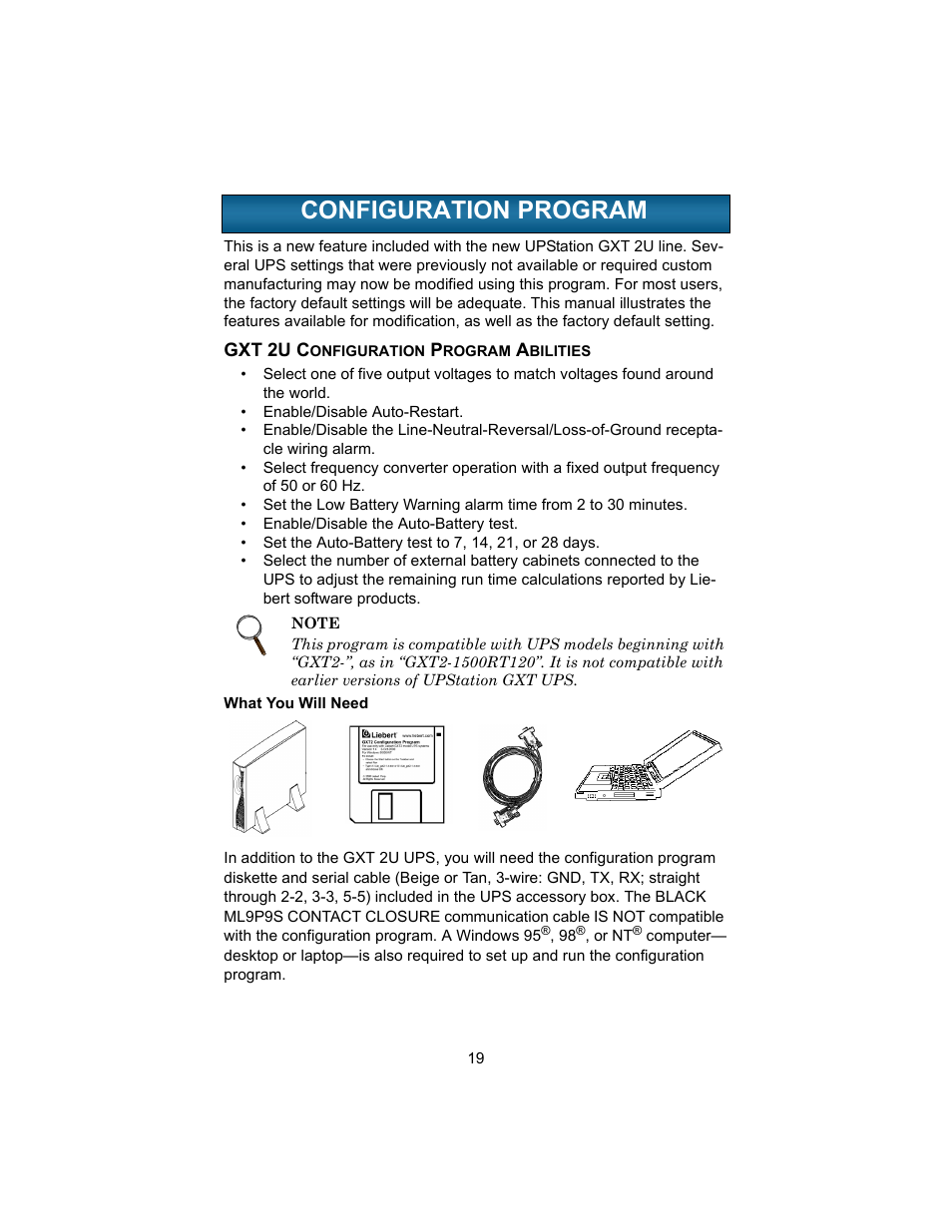 Configuration program, Gxt 2u configuration program abilities, What you will need | Onfiguration, Rogram | Liebert UPSTATION GXT 2U User Manual | Page 23 / 38