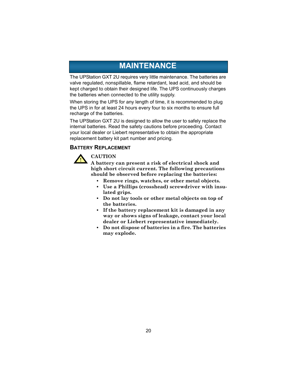 Maintenance, Battery replacement, Aintenance | Liebert UPSTATION GXT 2U User Manual | Page 24 / 38