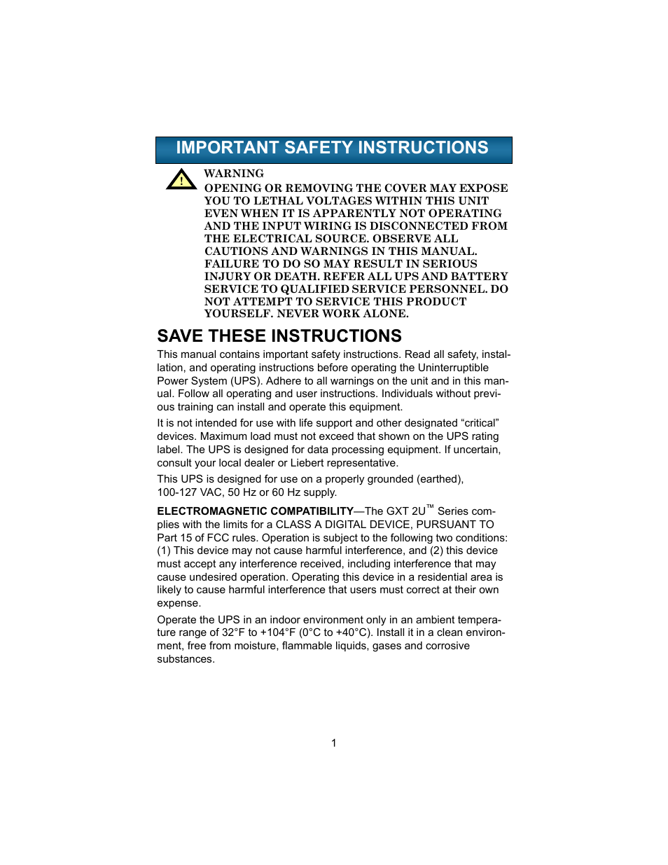 Important safety instructions, Mportant, Afety | Nstructions | Liebert UPSTATION GXT 2U User Manual | Page 5 / 38