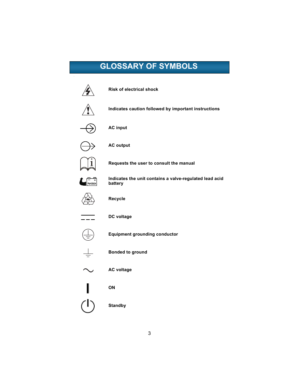 Glossary of symbols, Lossary, Ymbols | Liebert UPSTATION GXT 2U User Manual | Page 7 / 38