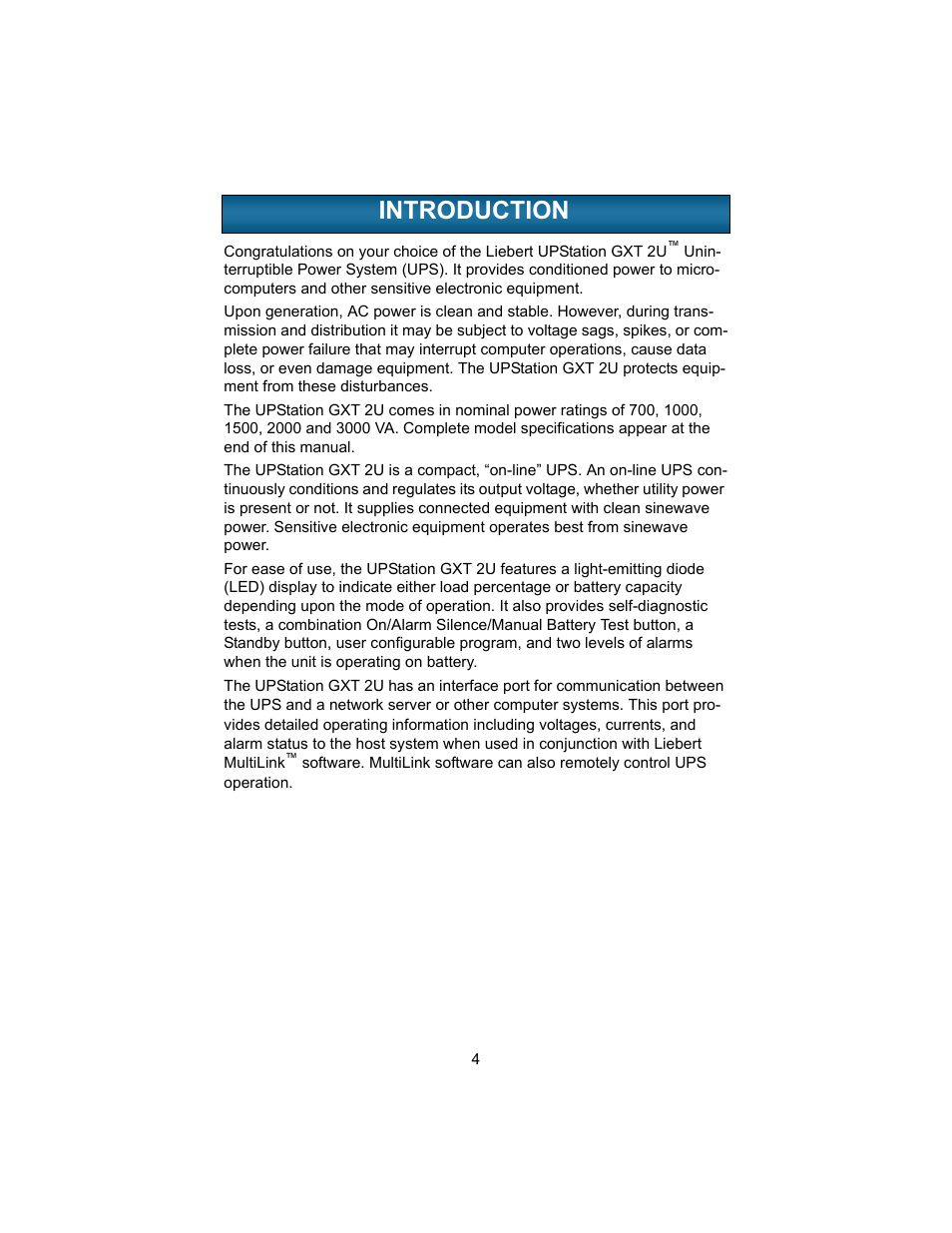 Introduction, Ntroduction | Liebert UPSTATION GXT 2U User Manual | Page 8 / 38