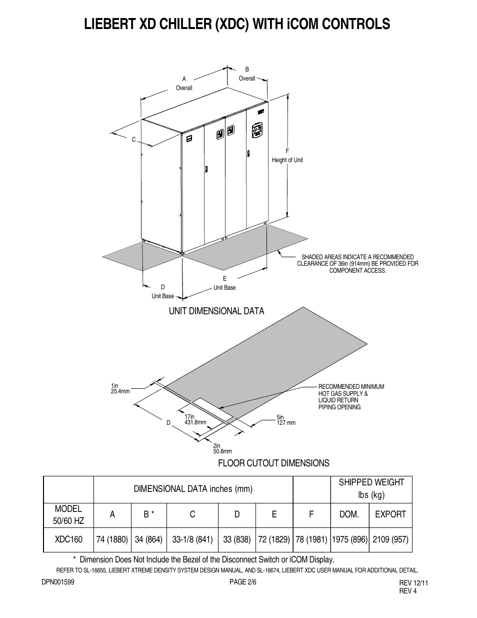 Liebert xd chiller (xdc) with icom controls, Unit dimensional data, Floor cutout dimensions | Liebert Libert XD Chiller (XDC) With iCOM Controls DPN001599 REV 12/11 User Manual | Page 2 / 6