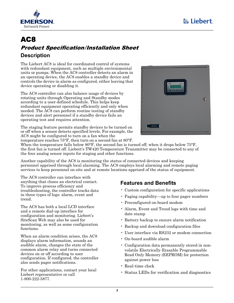 Liebert Autochangeover Controllers AC8 User Manual | 4 pages