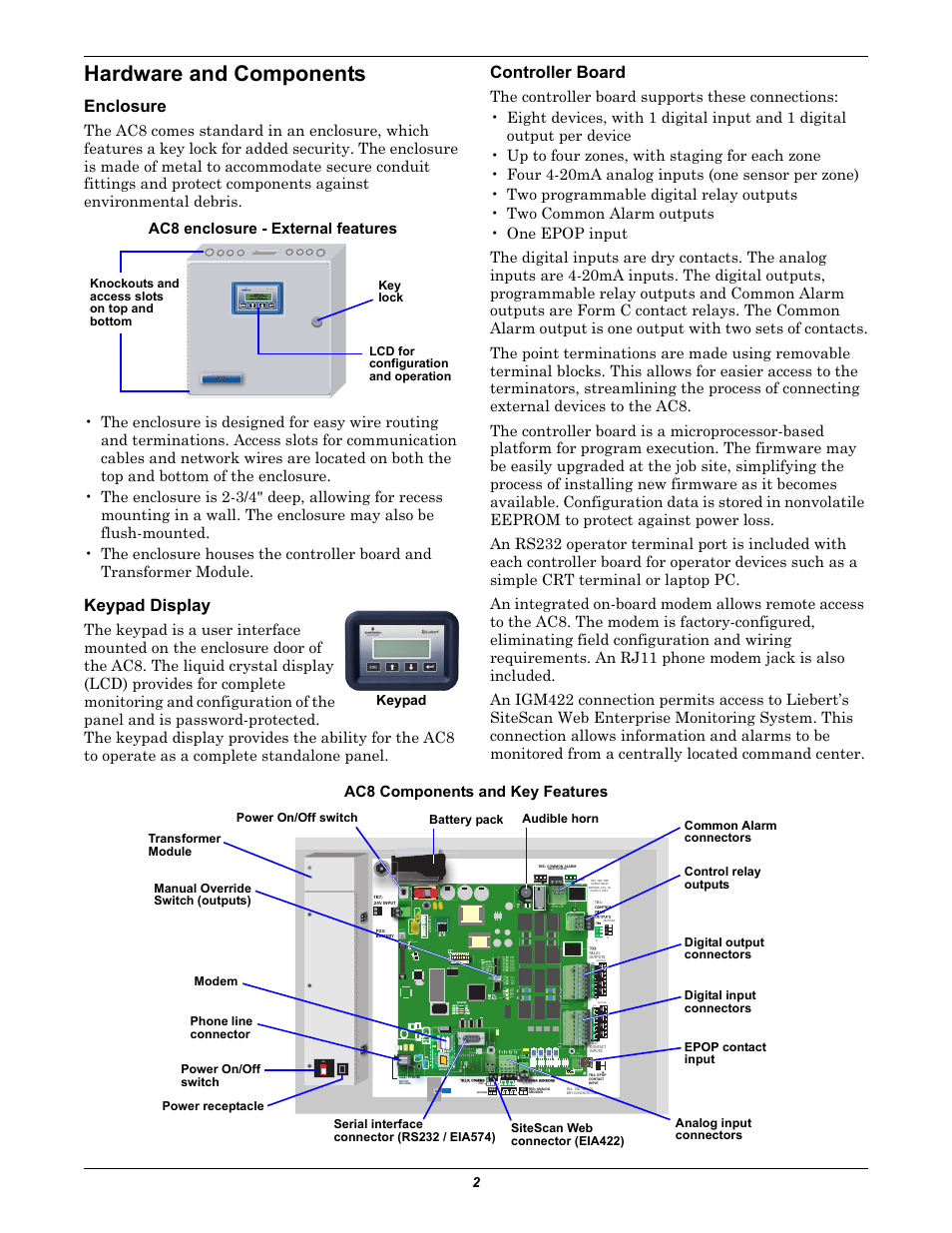 Hardware and components, Enclosure, Keypad display | Controller board, Ac8 components and key features, Ac8 enclosure - external features, Keypad, Battery lcd contrast vbatt start, Pfm5 pfm2, 4 bottom 1-2 top | Liebert Autochangeover Controllers AC8 User Manual | Page 2 / 4
