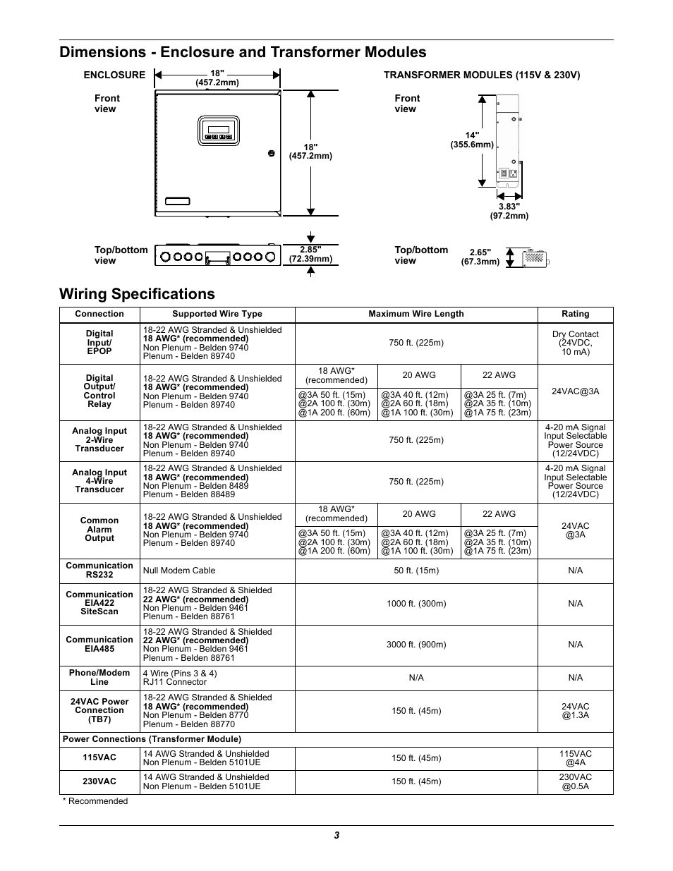 Dimensions - enclosure and transformer modules, Wiring specifications | Liebert Autochangeover Controllers AC8 User Manual | Page 3 / 4