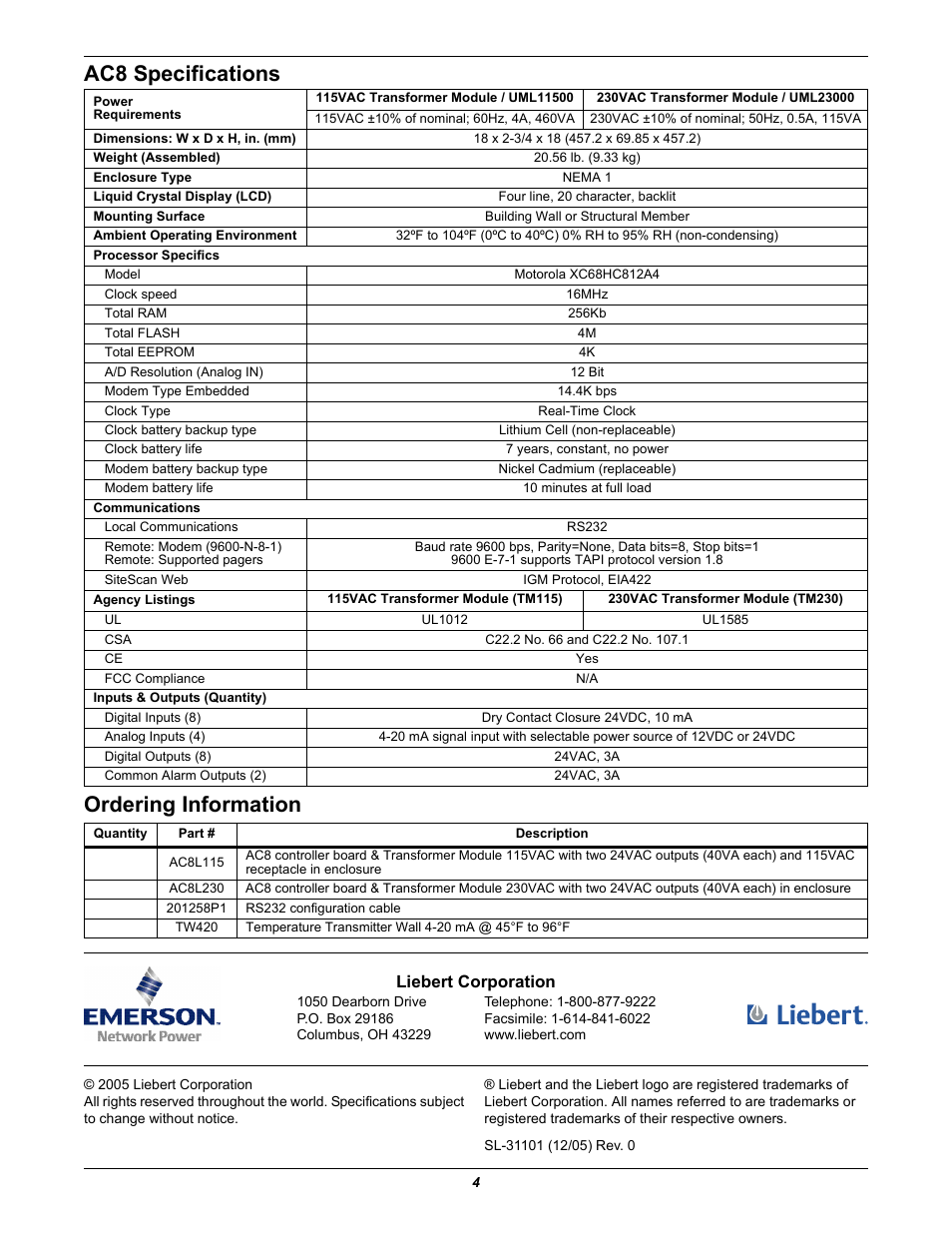 Ac8 specifications, Ordering information, Ac8 specifications ordering information | Liebert corporation | Liebert Autochangeover Controllers AC8 User Manual | Page 4 / 4