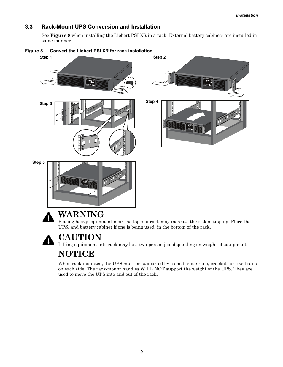 3 rack-mount ups conversion and installation, Rack-mount ups conversion and installation, Figure 8 | Convert the liebert psi xr for rack installation, Notice, Warning, Caution | Liebert UPS Systems PSI XR User Manual | Page 13 / 32