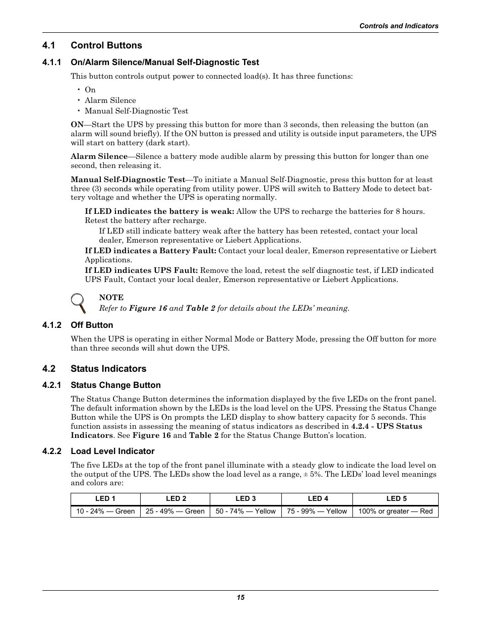 1 control buttons, 1 on/alarm silence/manual self-diagnostic test, 2 off button | 2 status indicators, 1 status change button, 2 load level indicator, Control buttons, On/alarm silence/manual self-diagnostic test, Off button, Status indicators | Liebert UPS Systems PSI XR User Manual | Page 19 / 32