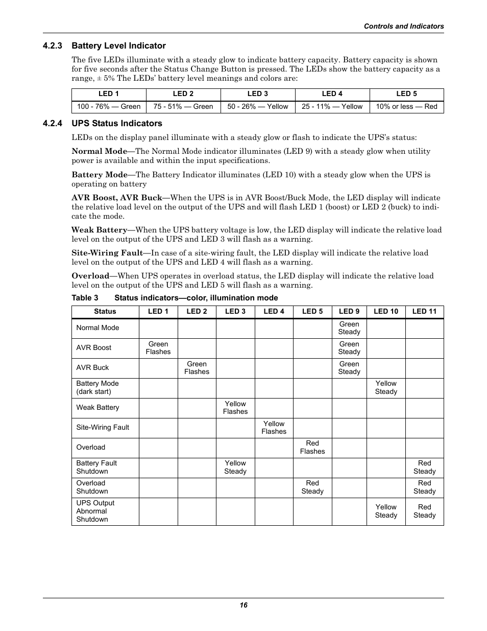 3 battery level indicator, 4 ups status indicators, Table 3 status indicators—color, illumination mode | Battery level indicator, Ups status indicators, Table 3, Status indicators—color, illumination mode | Liebert UPS Systems PSI XR User Manual | Page 20 / 32