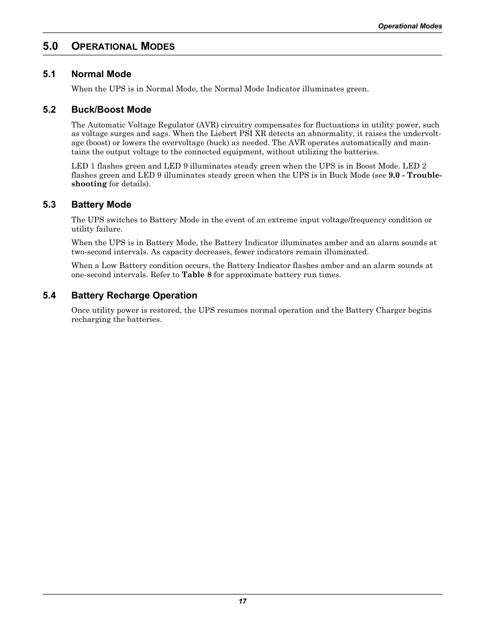 0 operational modes, 1 normal mode, 2 buck/boost mode | 3 battery mode, 4 battery recharge operation, Perational, Odes, Normal mode, Buck/boost mode, Battery mode | Liebert UPS Systems PSI XR User Manual | Page 21 / 32