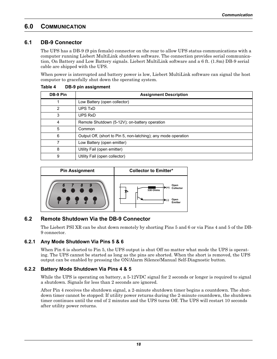 0 communication, 1 db-9 connector, Table 4 db-9 pin assignment | 2 remote shutdown via the db-9 connector, 1 any mode shutdown via pins 5 & 6, 2 battery mode shutdown via pins 4 & 5, Ommunication, Db-9 connector, Remote shutdown via the db-9 connector, Any mode shutdown via pins 5 & 6 | Liebert UPS Systems PSI XR User Manual | Page 22 / 32