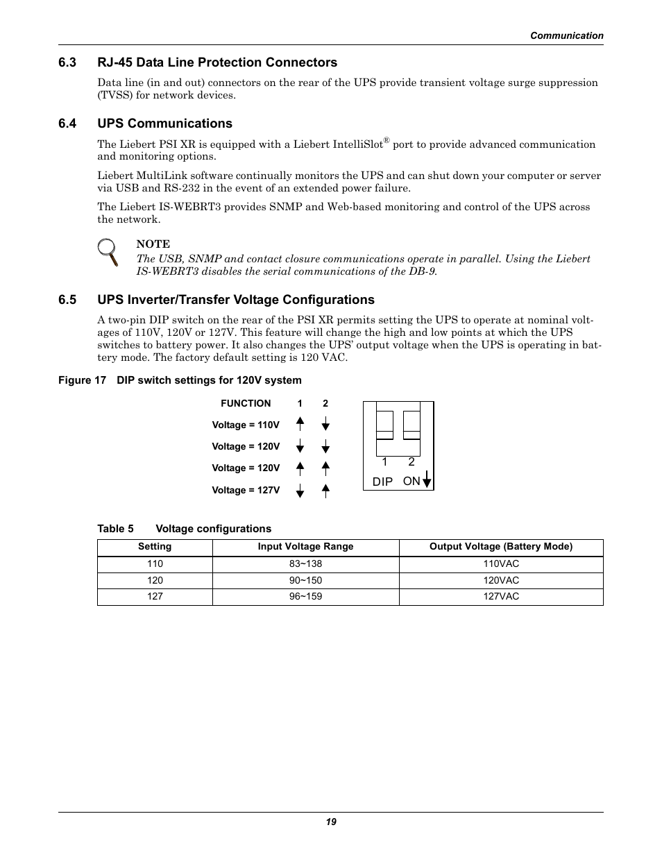 3 rj-45 data line protection connectors, 4 ups communications, 5 ups inverter/transfer voltage configurations | Figure 17 dip switch settings for 120v system, Table 5 voltage configurations, Rj-45 data line protection connectors, Ups communications, Ups inverter/transfer voltage configurations, Table 5, Voltage configurations | Liebert UPS Systems PSI XR User Manual | Page 23 / 32