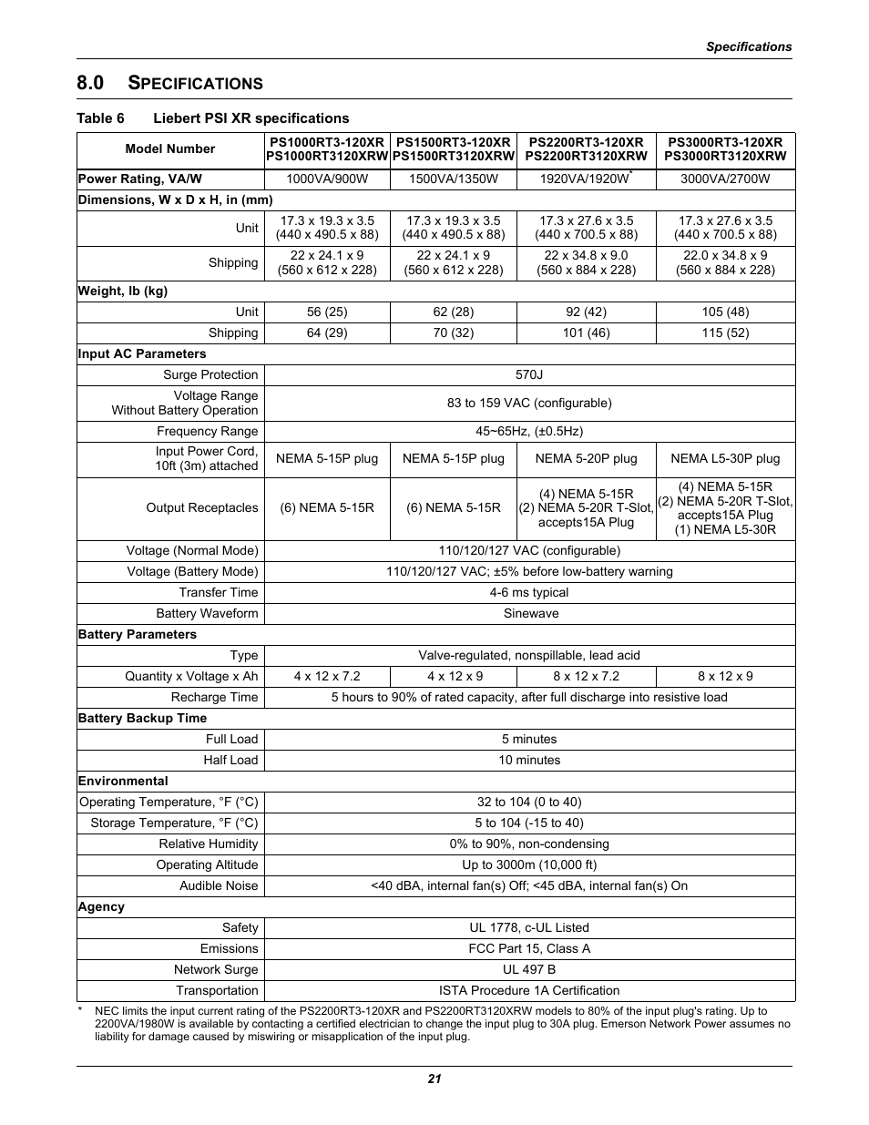 0 specifications, Table 6 liebert psi xr specifications, Pecifications | Table 6, Liebert psi xr specifications | Liebert UPS Systems PSI XR User Manual | Page 25 / 32