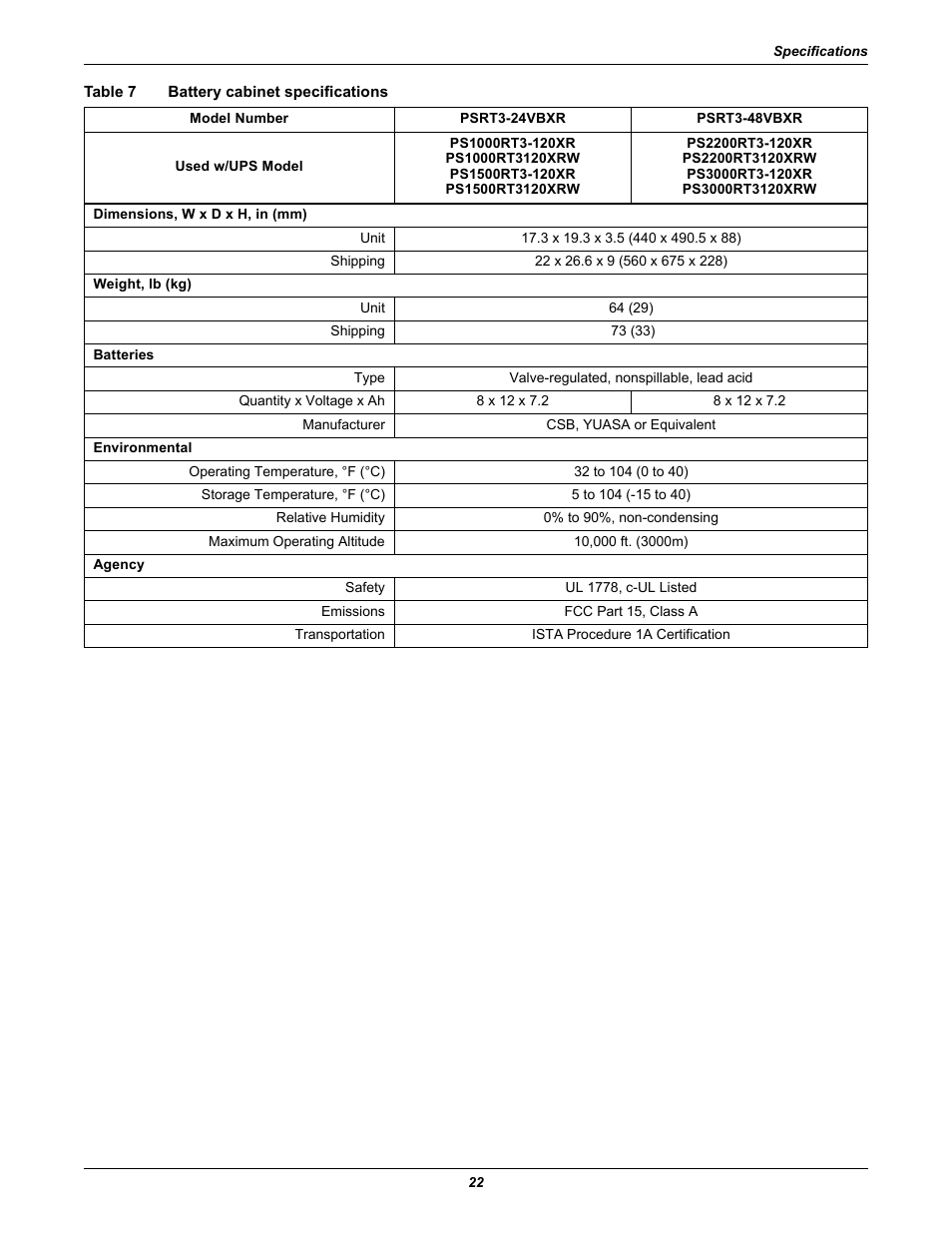 Table 7 battery cabinet specifications, Table 7, Battery cabinet specifications | Liebert UPS Systems PSI XR User Manual | Page 26 / 32