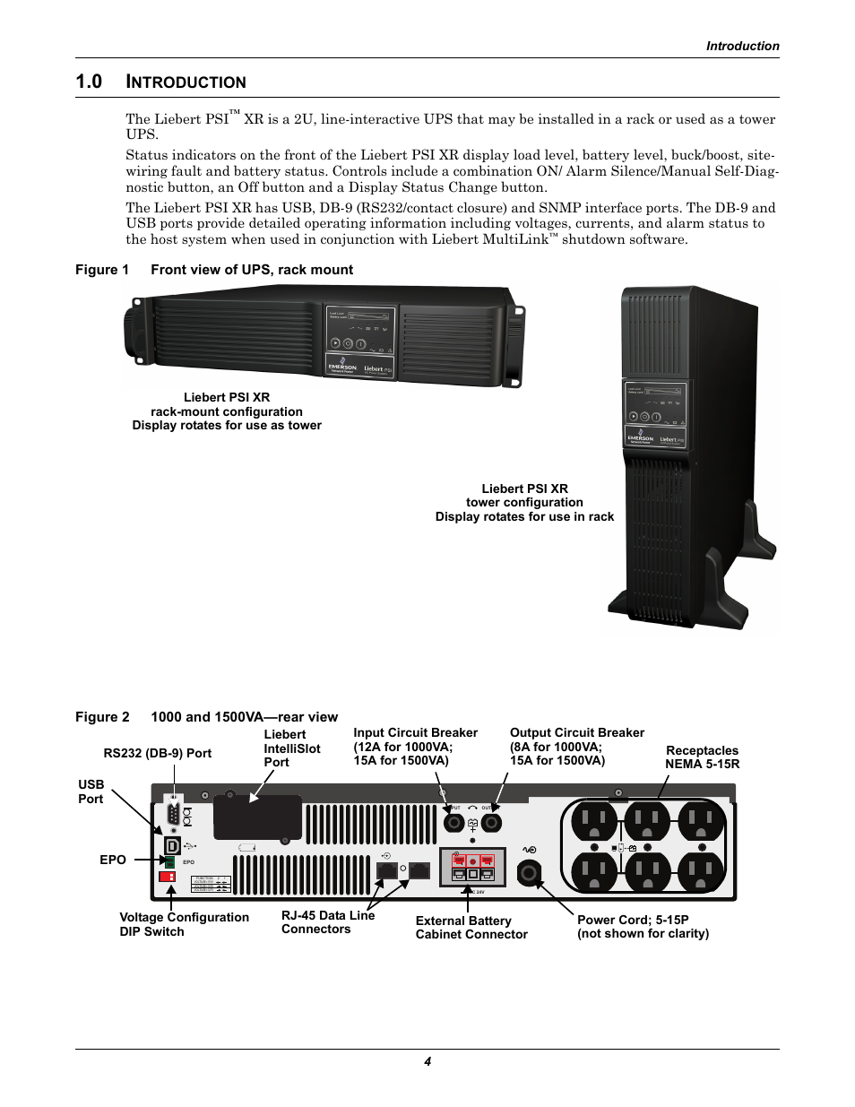 0 introduction, Figure 1 front view of ups, rack mount, Figure 2 1000 and 1500va—rear view | Ntroduction, Front view of ups, rack mount, Figure 2, 1000 and 1500va—rear view | Liebert UPS Systems PSI XR User Manual | Page 8 / 32