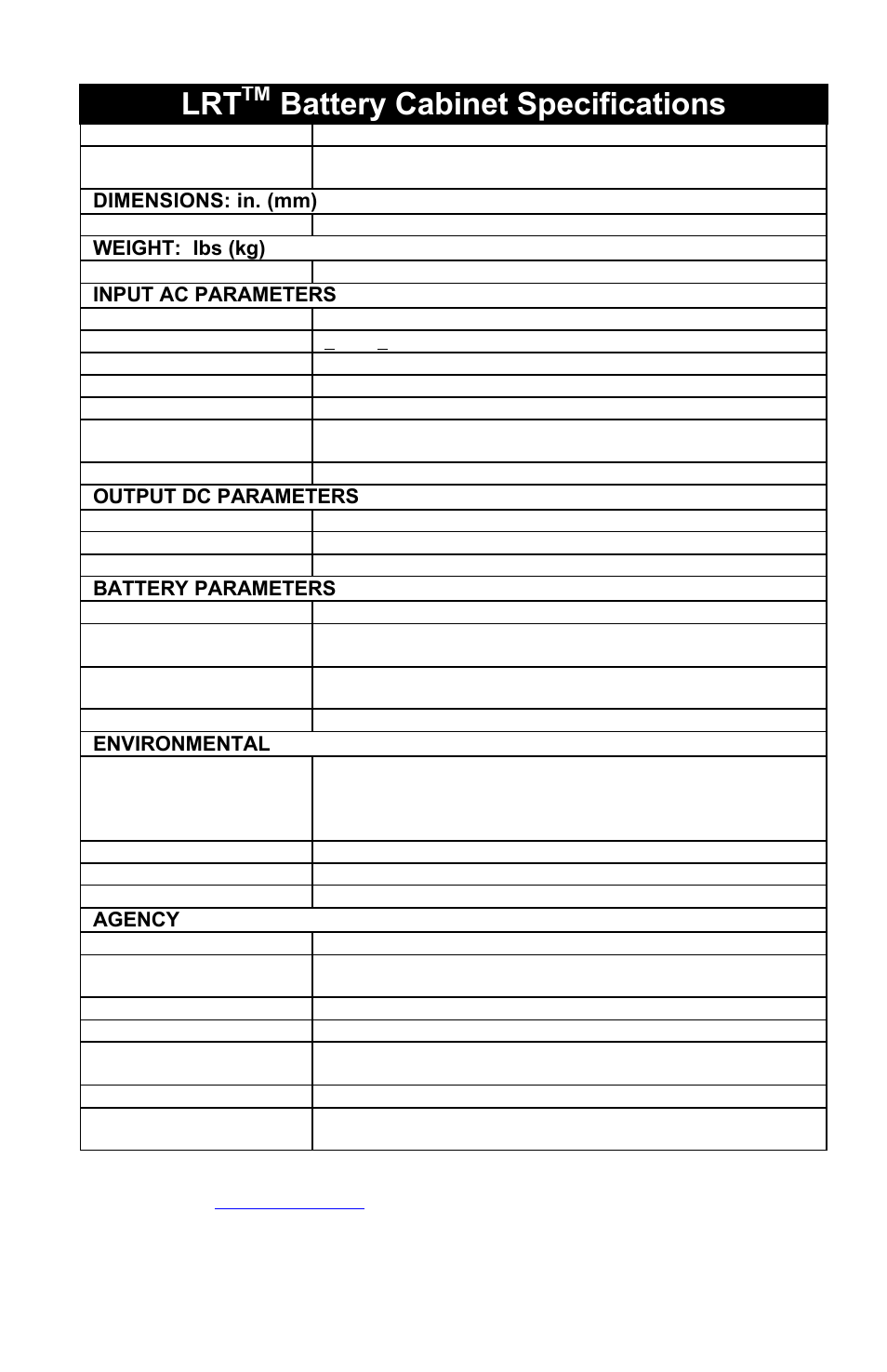 Battery cabinet specifications | Liebert Battery Cabinet User Manual | Page 7 / 9