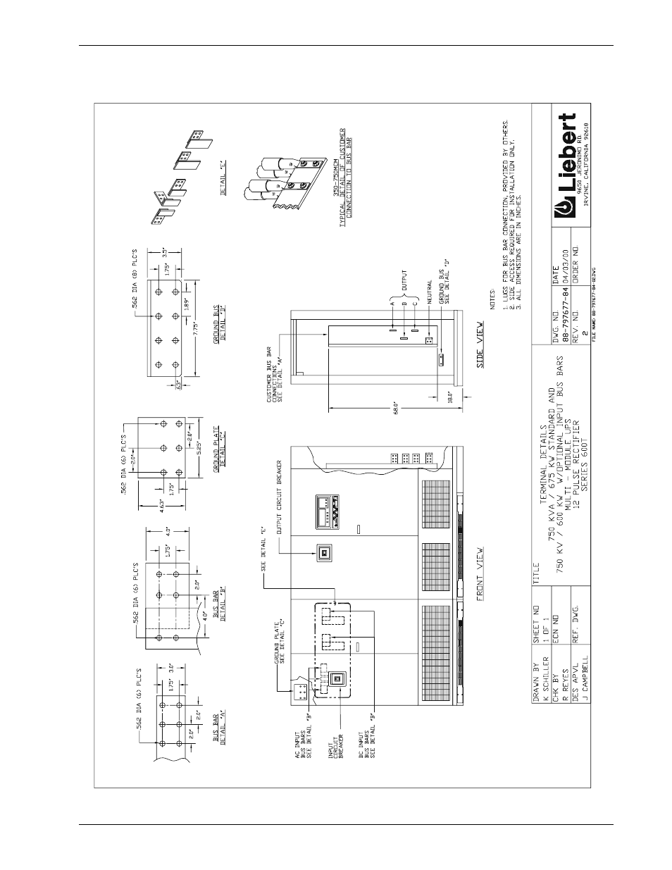 Figure 32, Terminal details, 750 kva with input bus bars | Liebert 600TTM User Manual | Page 59 / 91
