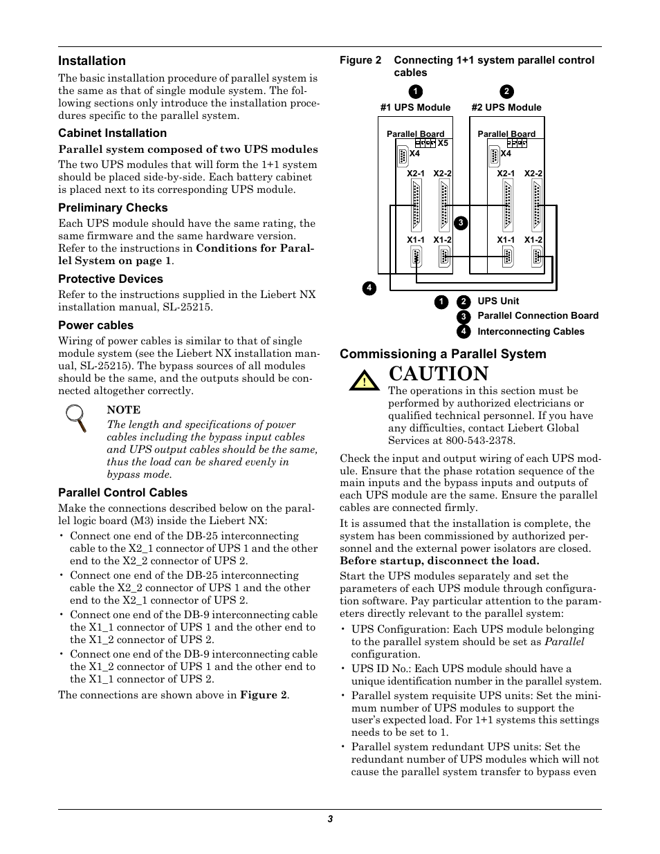 Installation, Cabinet installation, Preliminary checks | Protective devices, Power cables, Parallel control cables, Commissioning a parallel system, Caution | Liebert EMERSON NX 1+1 User Manual | Page 3 / 4