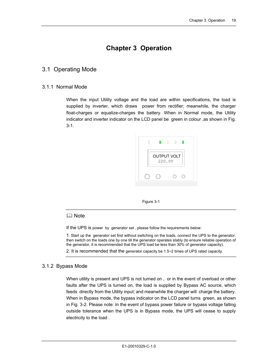 Chapter 3 operation, 1 operating mode | Liebert GXT2 - 3X1 User Manual | Page 19 / 42