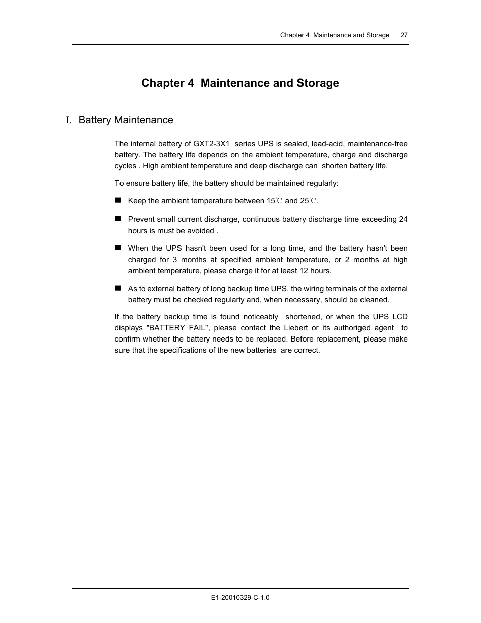 Chapter 4 maintenance and storage, I. battery maintenance | Liebert GXT2 - 3X1 User Manual | Page 27 / 42