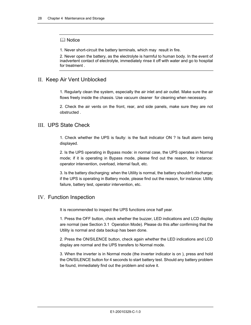 Ii. keep air vent unblocked, Iii. ups state check, Iv. function inspection | Liebert GXT2 - 3X1 User Manual | Page 28 / 42