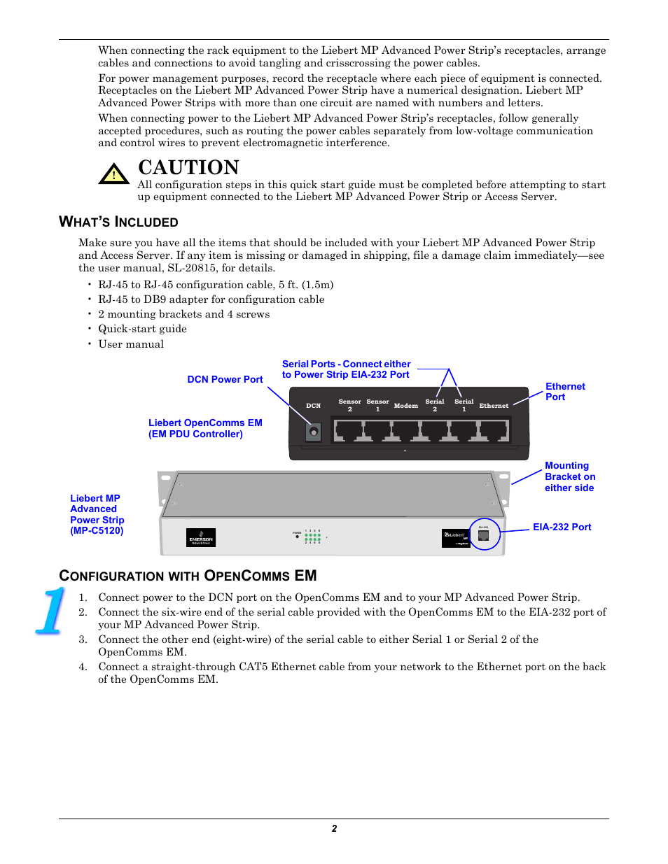 What’s included, Configuration with opencomms em, Caution | Ncluded, Onfiguration, With, Omms | Liebert Power Strips User Manual | Page 2 / 6