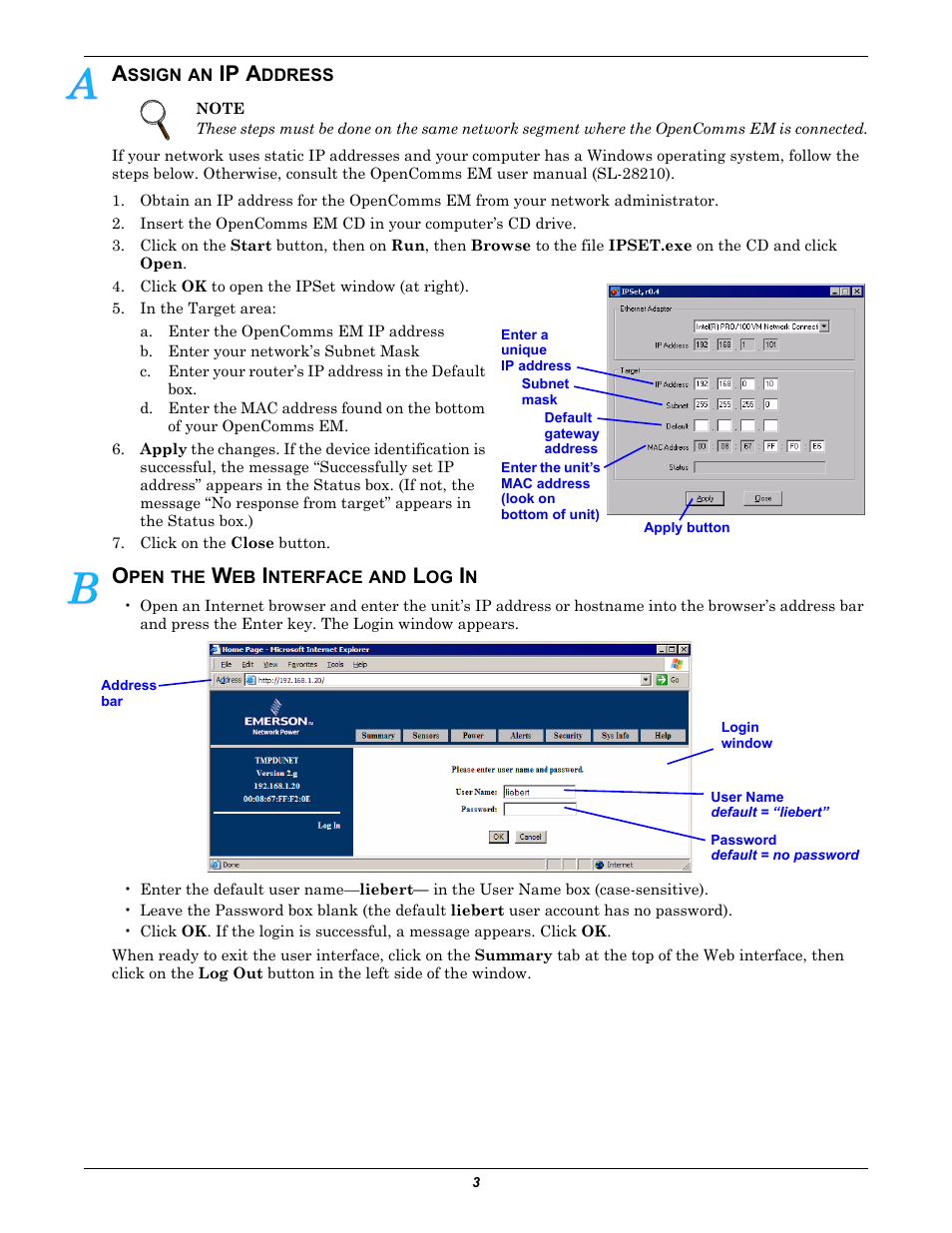 Assign an ip address, Open the web interface and log in, Ip a | Liebert Power Strips User Manual | Page 3 / 6