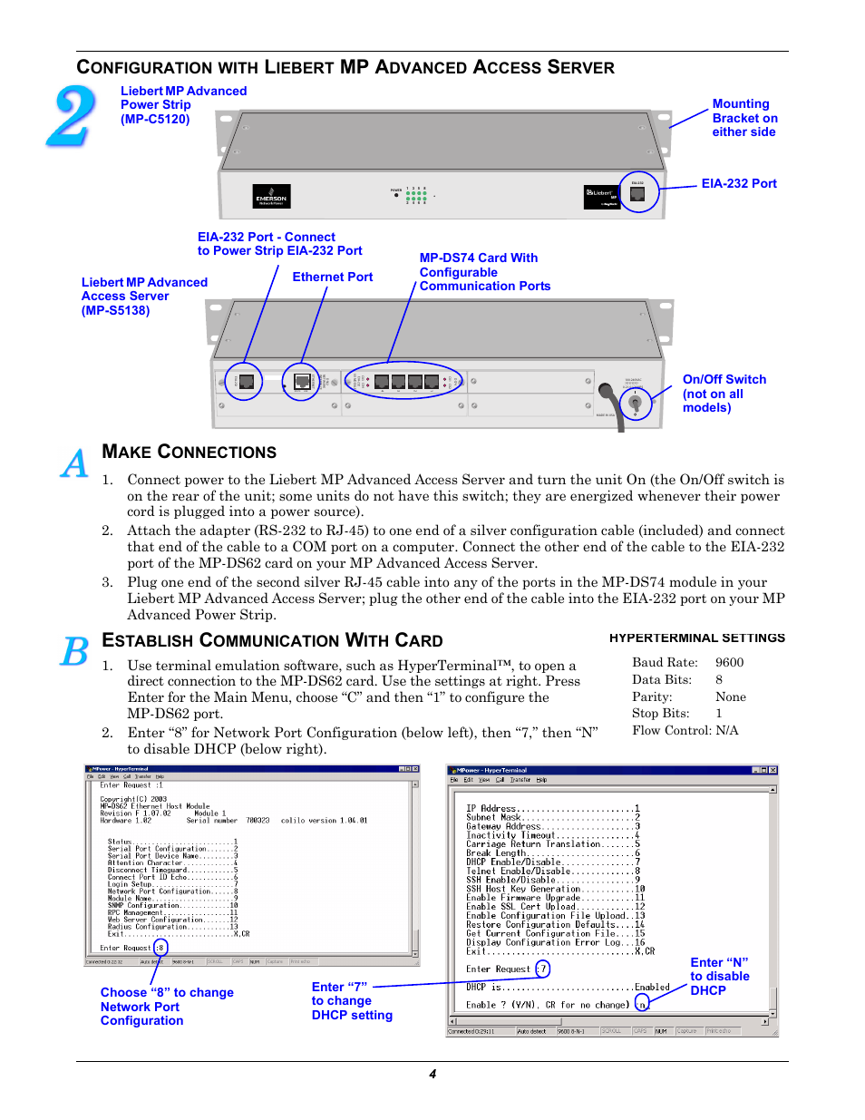 Make connections, Establish communication with card, Mp a | Onfiguration, With, Iebert, Dvanced, Ccess, Erver, Onnections | Liebert Power Strips User Manual | Page 4 / 6