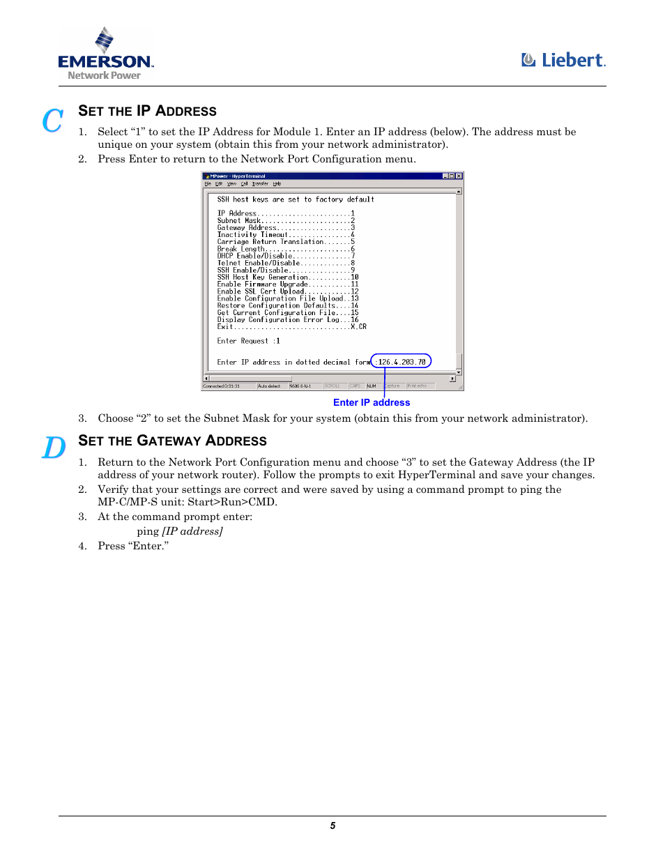 Set the ip address, Set the gateway address, Ip a | Liebert Power Strips User Manual | Page 5 / 6